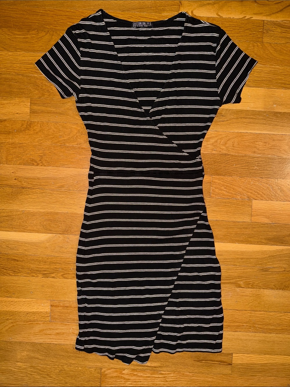 Cotton On Striped Black & White Faux Wrap-Front Ribbed Mini Dress